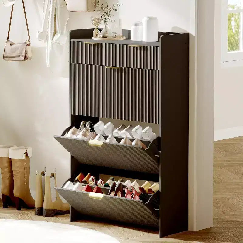 Meuble à chaussures moderne blanc avec 3 tiroirs basculants et 2 petits tiroirs et crochet, organiseur de rangement à chaussures fin cannelé, meuble d'entrée étroit