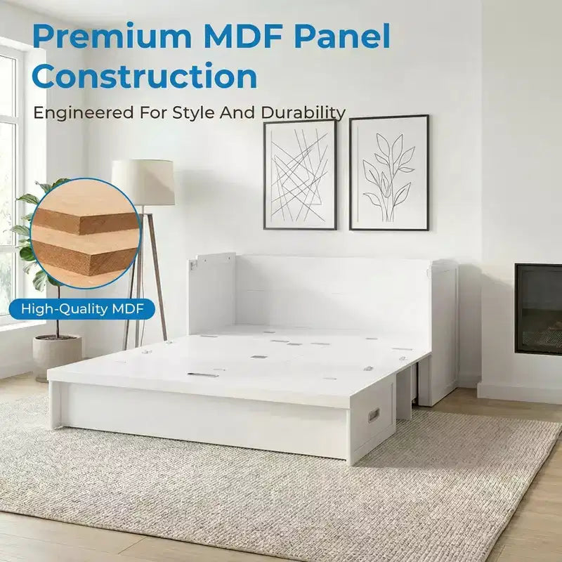 Lit escamotable convertible Queen Size Mjkone avec matelas, chargement USB, tiroirs de rangement