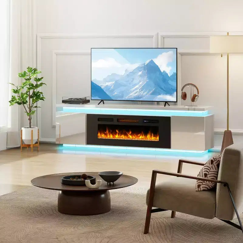 Meuble TV Skyzoo avec foyer électrique intégré, pour téléviseurs jusqu'à 80 pouces, avec lumières LED et 4 prises CA, console TV pour salon