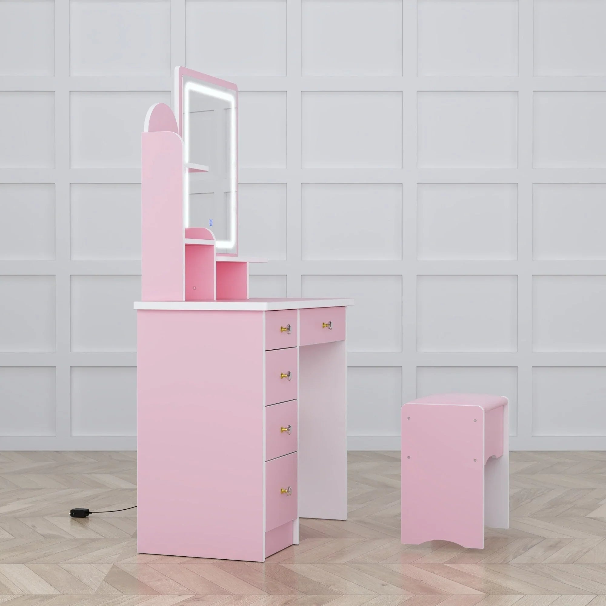 Coiffeuse avec miroir LED intégré et tabouret