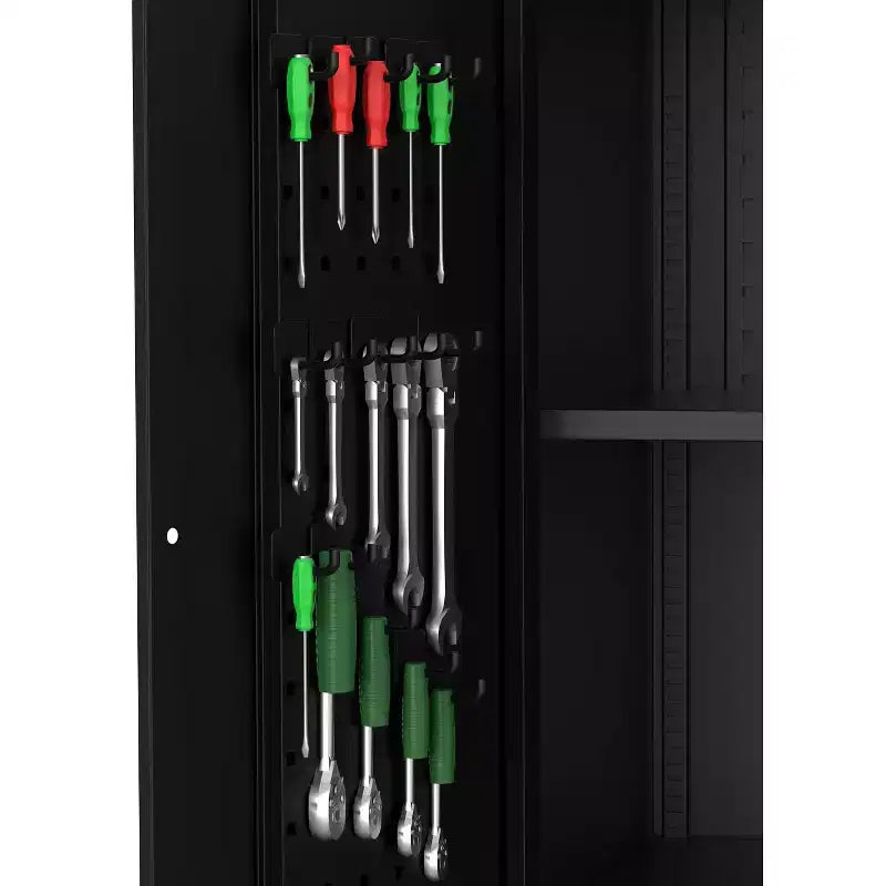 Armoire de rangement de garage avec roues et panneau perforé, armoire de rangement métallique verrouillable de 72 po de hauteur avec 2 portes et 4 étagères réglables pour atelier de garage