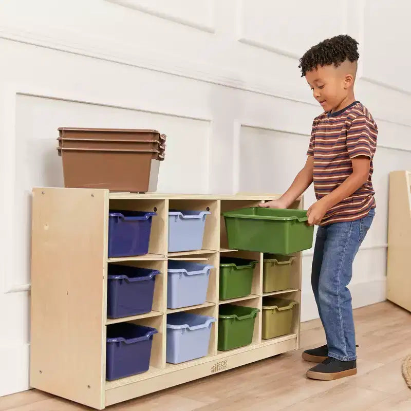 Meuble de rangement à roulettes Cubby avec 15 bacs à ouverture frontale, 3x4, Meuble pour enfants