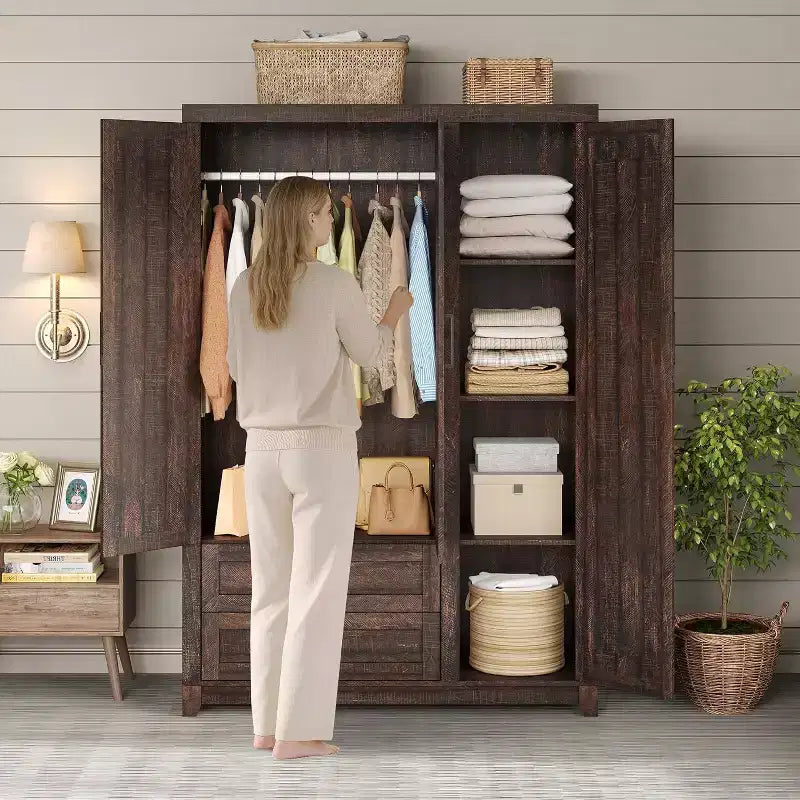 AMERLIFE Armoire de garde-robe de ferme 47 avec 3 portes, 2 tiroirs, tringle à vêtements et étagères réglables, organisateur de placard autoportant