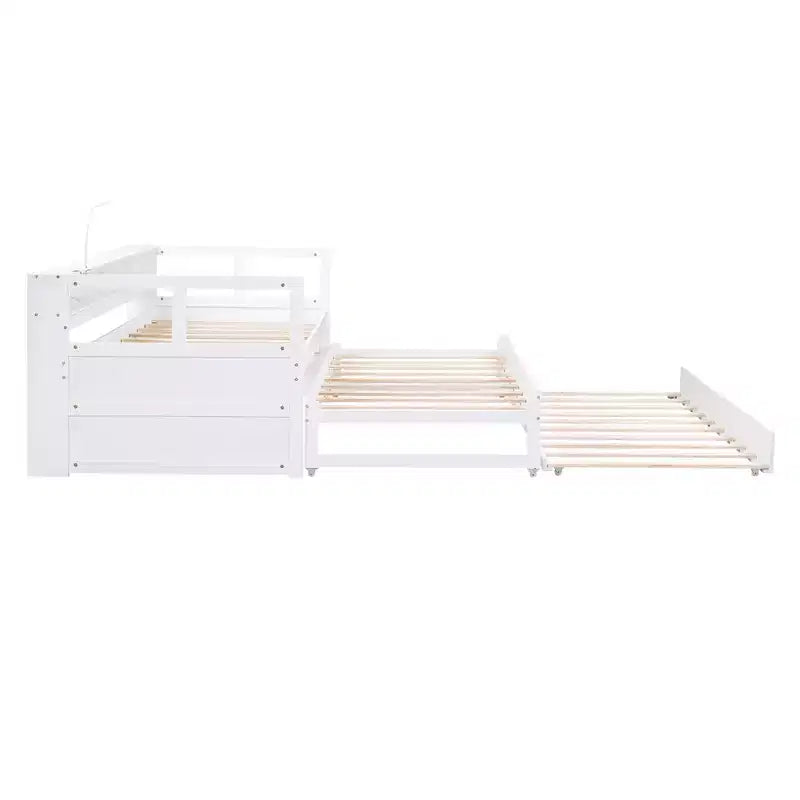 Lit de repos double XL Whisen en bois avec 2 lits gigognes, 3 compartiments de rangement, 1 lampe gratuite et port de chargement USB