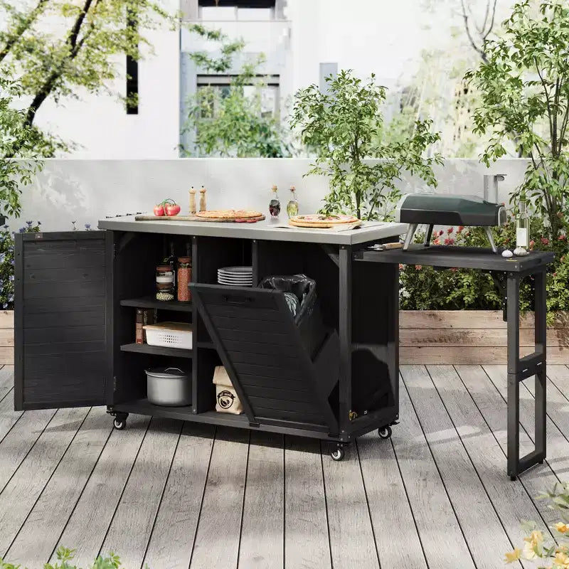 Îlot de cuisine extérieure de 198,9 cm avec comptoir en acier inoxydable, station de barbecue pliable et armoires de rangement, noir