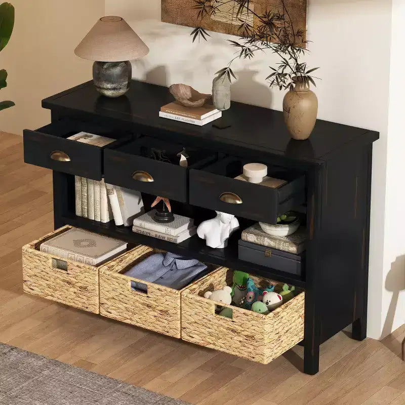 Console de table d'entrée avec rangement, table de couloir de style ferme avec 3 tiroirs et 3 paniers en jacinthe d'eau pour salon ou hall d'entrée - Panipeachy