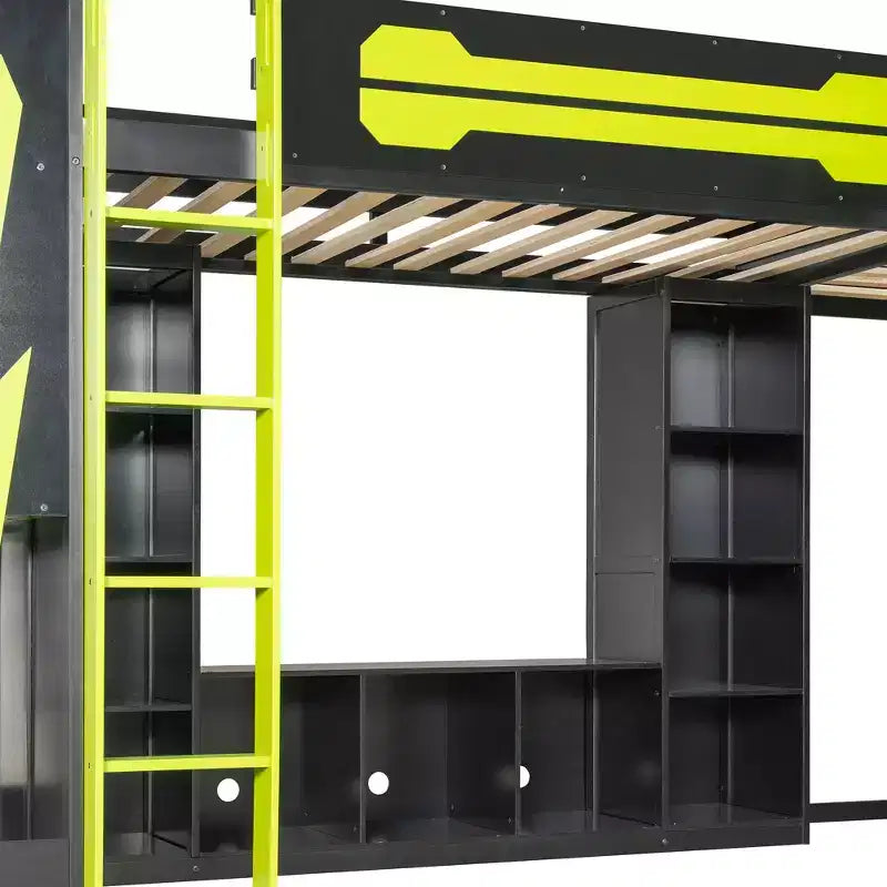 Lit mezzanine de jeu en L avec bureaux, lits superposés doubles avec lumières LED, ports USB, étagères de rangement, lit mezzanine d'angle en bois pour 2 personnes