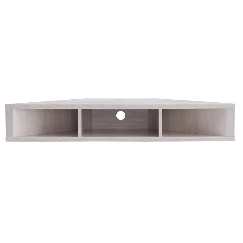 Meuble TV d'angle flottant de 119 cm, 3 étagères, style transitionnel, fixation murale gain de place