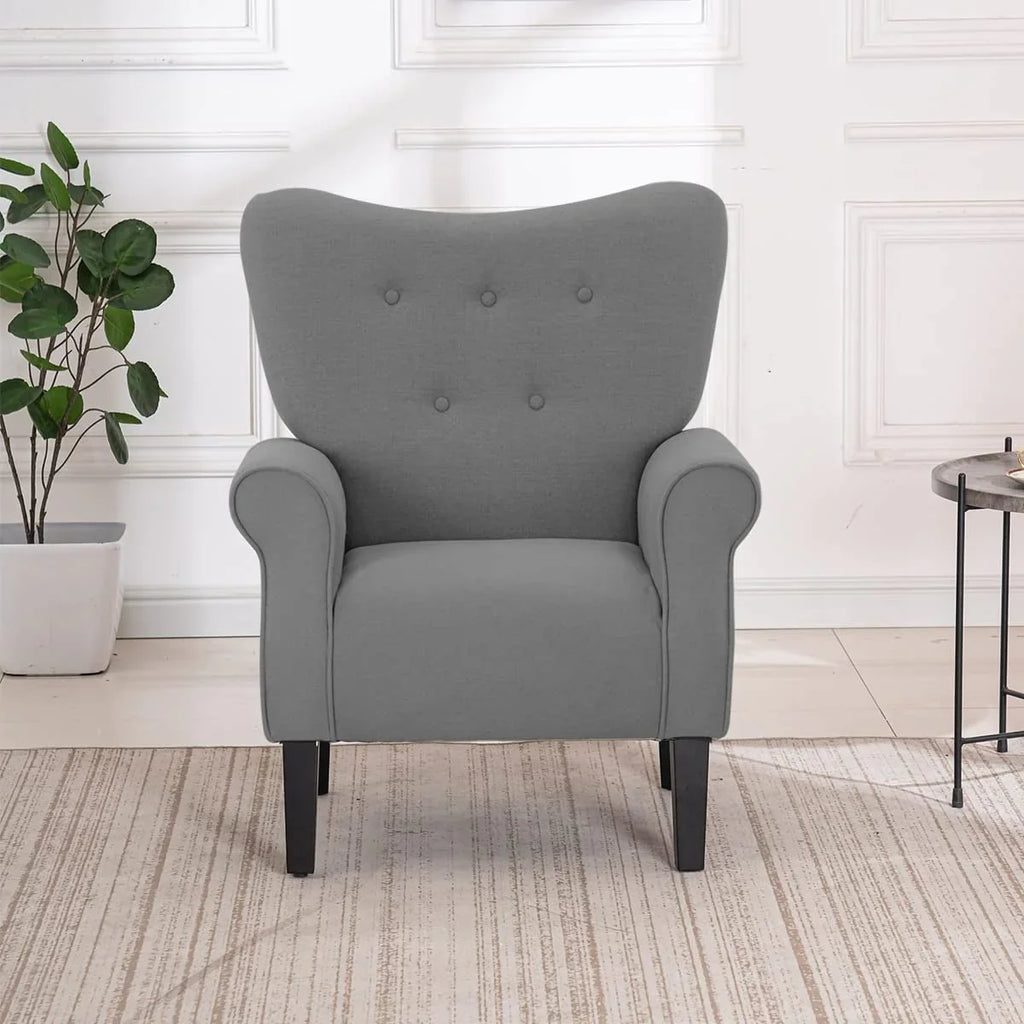 Fauteuil d'appoint moderne Erommy, fauteuil à dossier haut, canapé simple en tissu rembourré avec boutons et pieds en bois pour salon