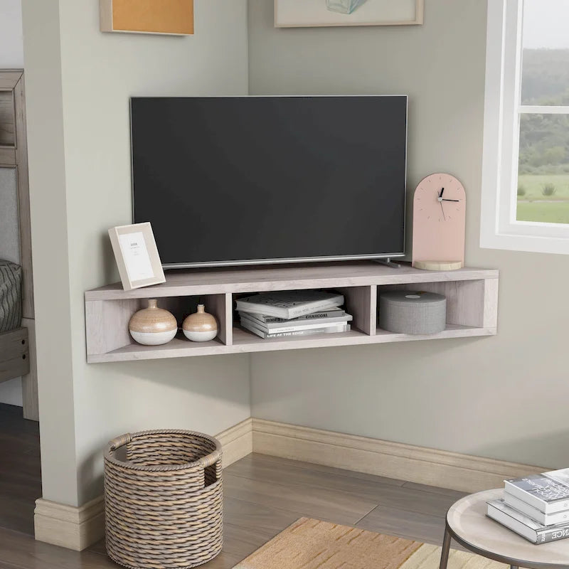 Meuble TV d'angle flottant de 119 cm, 3 étagères, style transitionnel, fixation murale gain de place