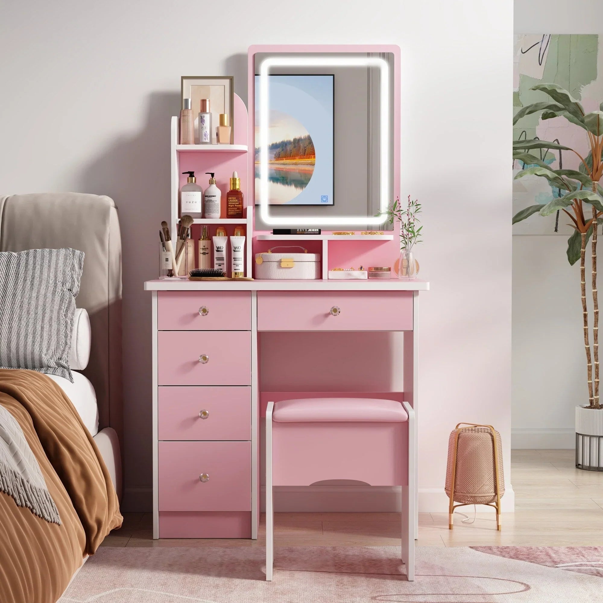 Coiffeuse avec miroir LED intégré et tabouret