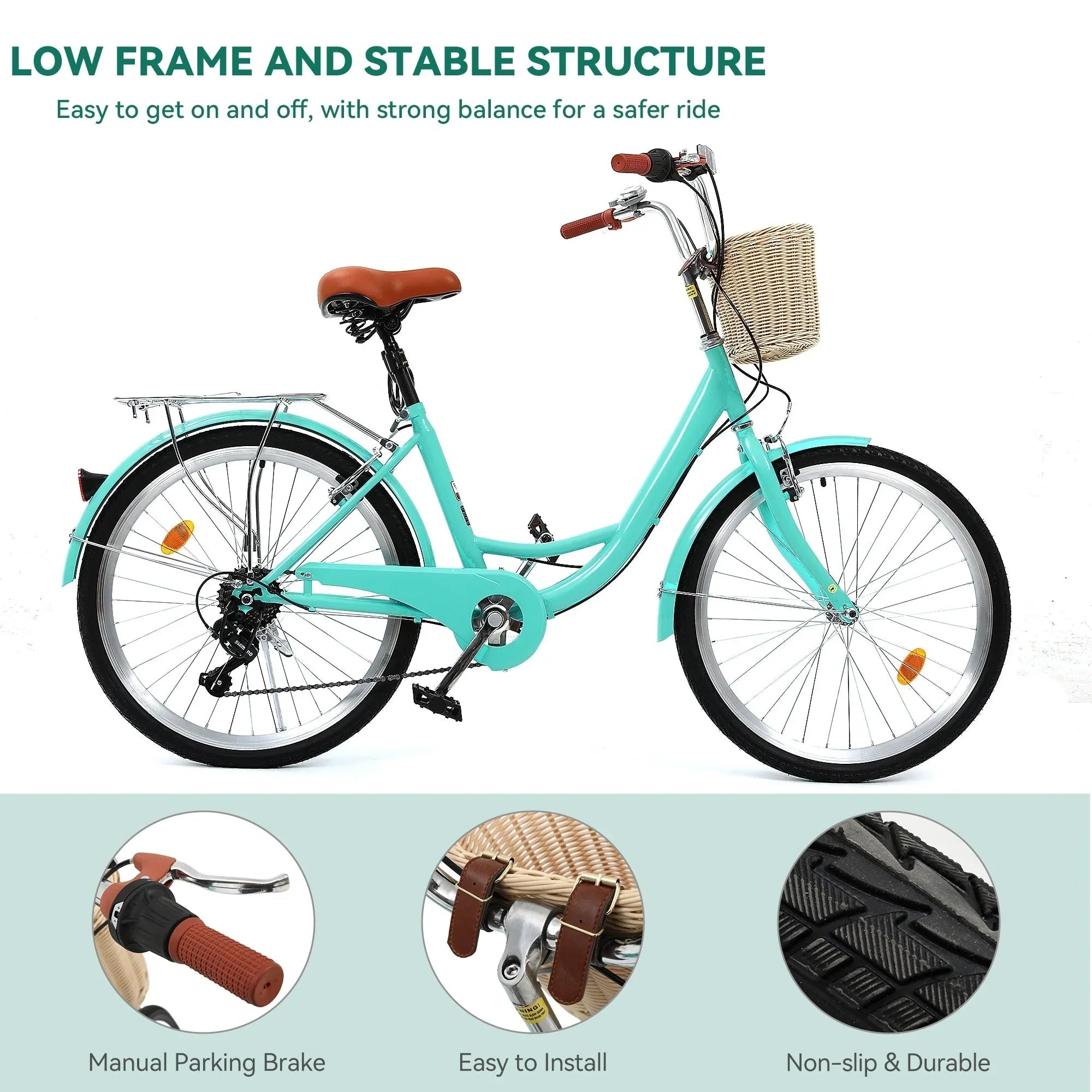 Moasis24/26 Vélo Cruiser 7 Vitesses, Vélo à Cadre Bas Ajustable, Vélo de Ville, Bicyclette